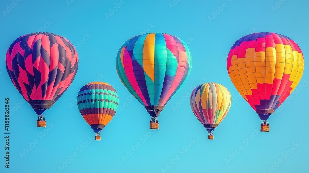 Fototapeta premium Colorful hot air balloons with unique patterns flying in bright blue sky, perfect for travel, adventure, festival, outdoor activities, summer vacation background, clear weather, uplifting mood