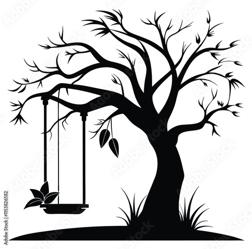 Black Silhouette Tree Swing Hanging