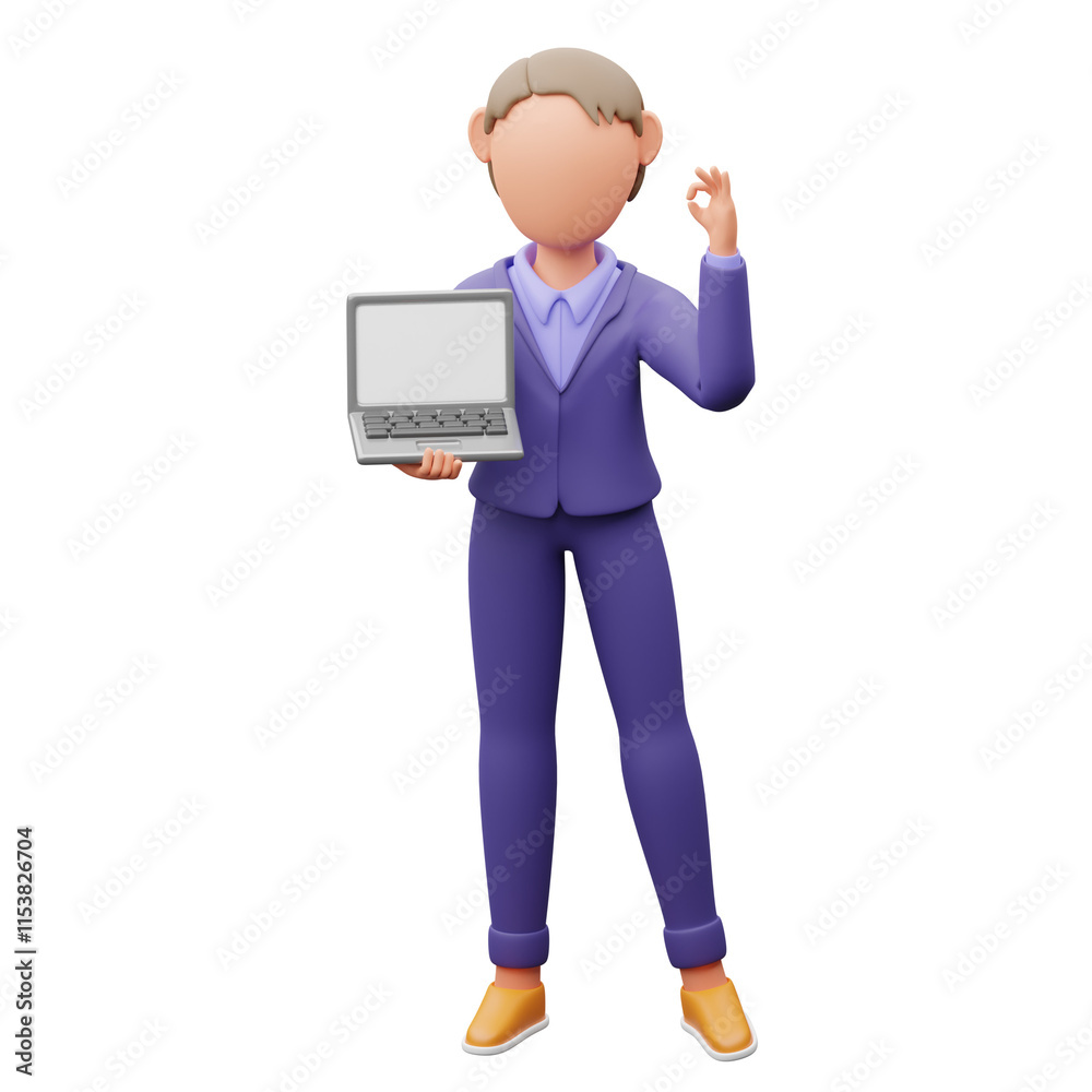 Businessman points to laptop screen 3d illustration Businessman points to laptop screen 3d illustration