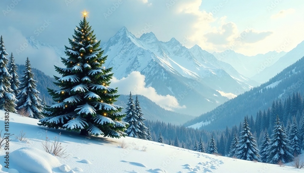 Fototapeta premium A majestic fluffy green Christmas tree towers above the snow-covered ground in a serene winter landscape, natural scenery, green trees, mountain