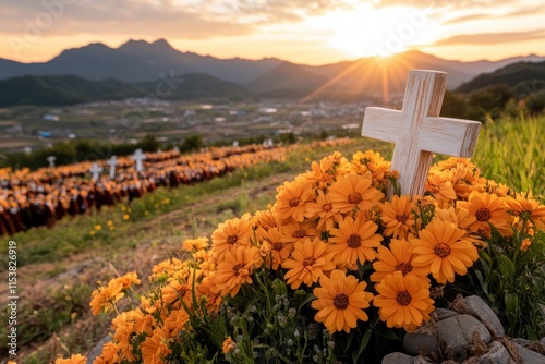 Capture the poignant beauty of a sunset burial ceremony, where vibrant flowers and colorful cultural attire honor a life Witness the solemnity of a funeral procession, as loved ones gather to bid