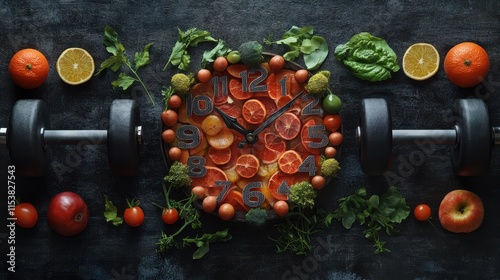 Clock made of fruits and vegetables, dumbbell for fitness and centimeter, concept of new year resolutions of healthy, sporty lifestyles photo