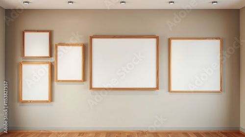 Empty wooden picture frames on a beige wall in a room with hardwood floors and recessed lighting