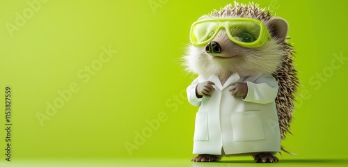 Fresh lime green setting accentuating a hedgehog in lab technician attire.