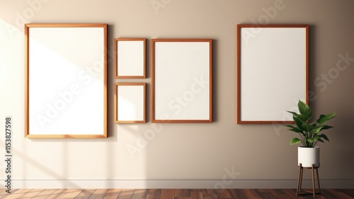 Empty wooden frames mockup on wall with plant
