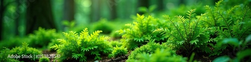 High-angle shot of green forkmoss or Dicranum in a forest environment, ferns, forest environment photo