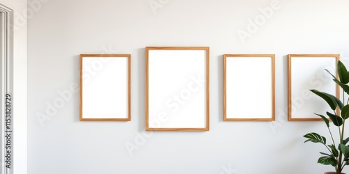 Four Empty Light Wood Frames on a White Wall with a Plant