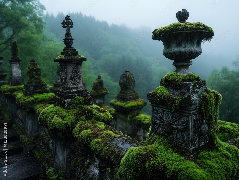 Obraz premium Discover the serene beauty of a tranquil foggy morning in an ancient cemetery, where moss-covered stones stand as silent witnesses to history Explore the weathered memorials and intricate details
