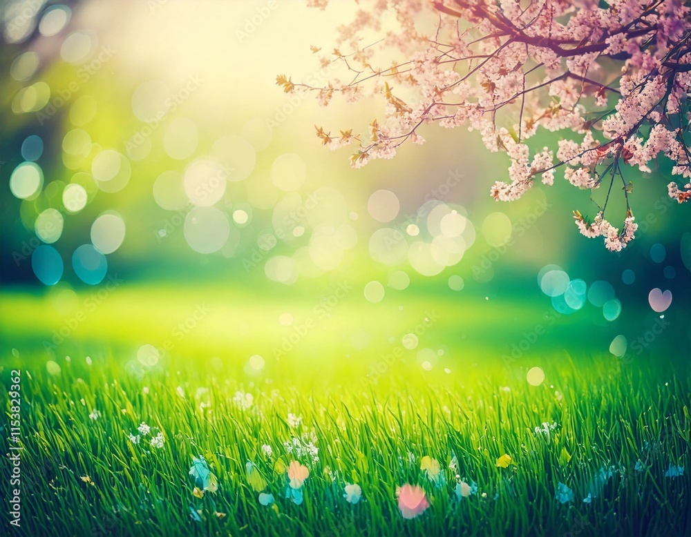 spring or summer background with grass and flowers