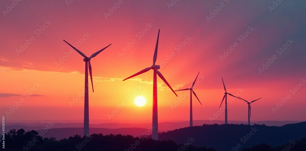 Turbines spinning in the fading light of sunset, wind turbines, twilight, sunset Turbines spinning in the fading light of sunset, wind turbines, twilight, sunset