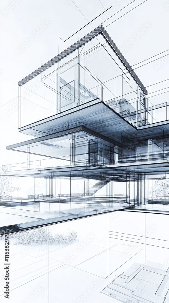 Blueprint for a modern residential home with multi-level terraces and glass facades Blueprint for a modern residential home with multi-level terraces and glass facades