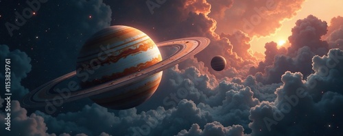 spaceship orbiting a massive planet like Jupiter, stormy sky, atmosphere, cosmos photo