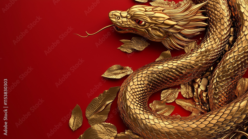 Obraz premium 3D Golden Snake on Red Background, Chinese New Year Celebration, with Intricate Patterns and Copy Space. High-resolution studio photo with sharp focus.