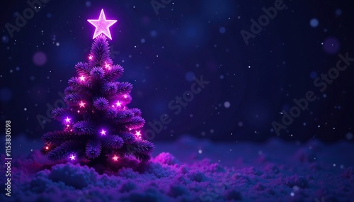 Purple Christmas tree topper shines brightly in the night, decorations, tree top