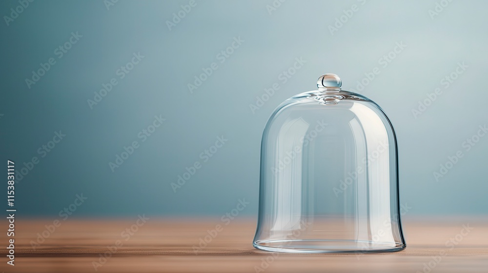Obraz premium Elegant Glass Cloche on Wooden Surface with Soft Blue Background Perfect for Displaying Pastries or Preserving Delicate Items in a Stylish and Modern Setting