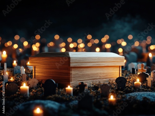 Explore the solemn beauty of a wooden coffin surrounded by ancient grave markers in a cemetery, a tribute to timeless funerary traditions This evocative image captures a somber yet serene scene with