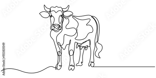 Continuous one line drawing dairy cow. Cattle. Dairy industry. Milk. Side view of a cow.One continuous line isolated minimal illustration, cow, bull, livestock, cattle, calf one line art. Continuous.