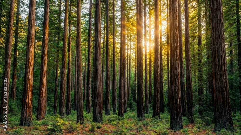Obraz premium Majestic Redwood Forest at Sunset with Sunlight Filtering Through Towering Trees, Illuminating the Lush Green Understory in a Serene Natural Landscape