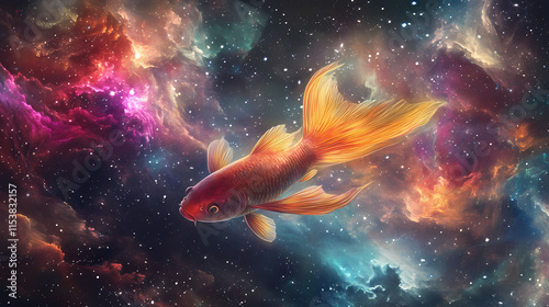 Peixe nadando por entre as cores do cosmos. Nebulosa. Illustration photo