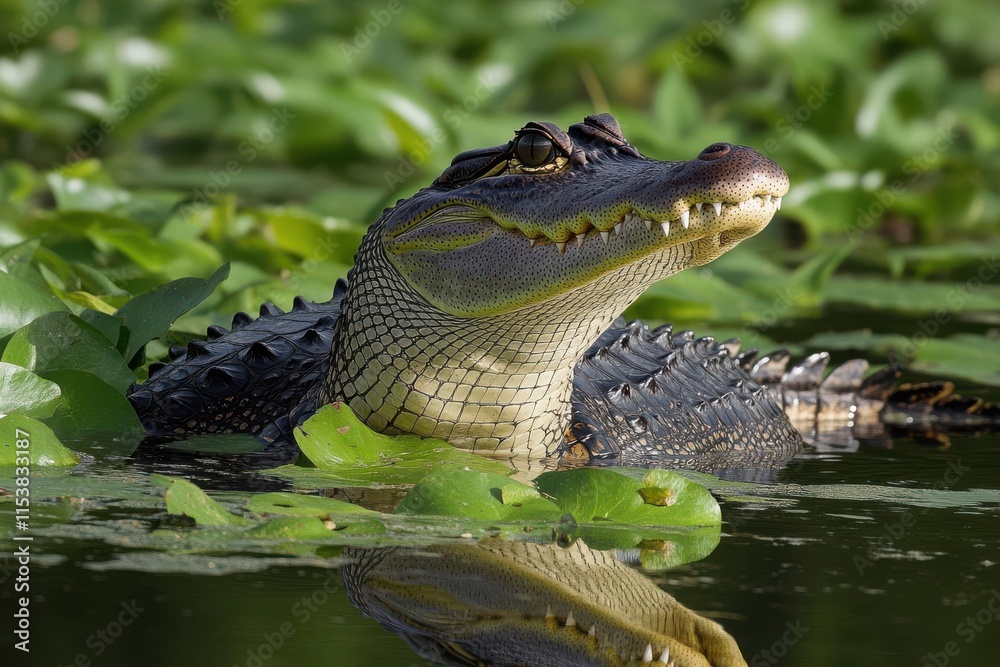 A crocodile partially submerged among aquatic plants in a serene environment.