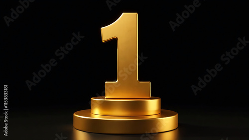 A golden number one stands on a golden pedestal against a black background. new image