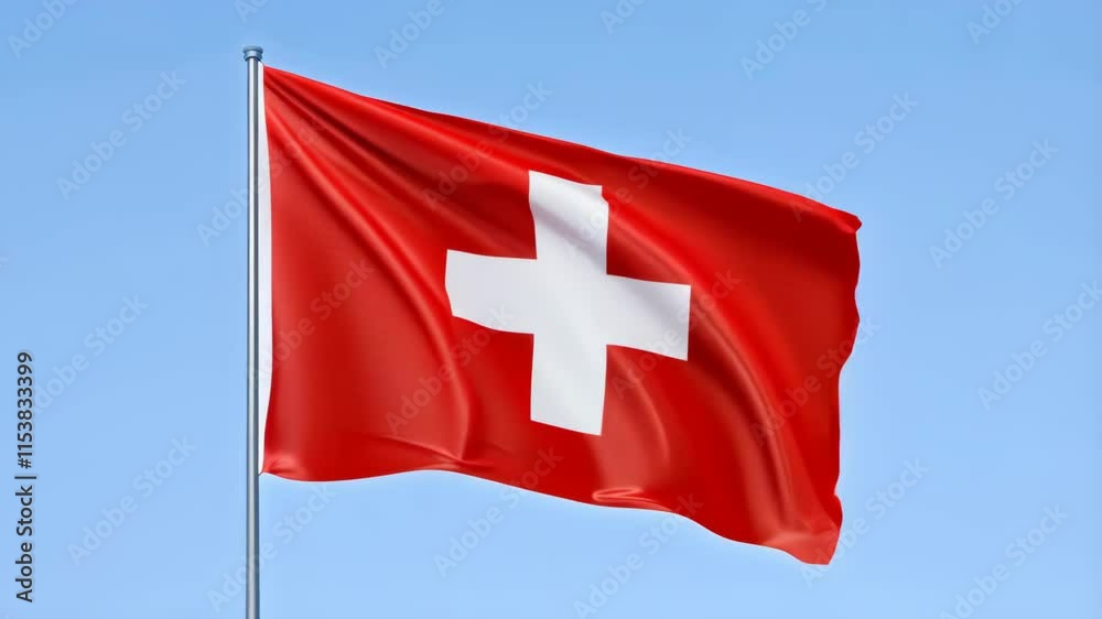 National flag of Switzerland waving on a flagpole over clear sky background