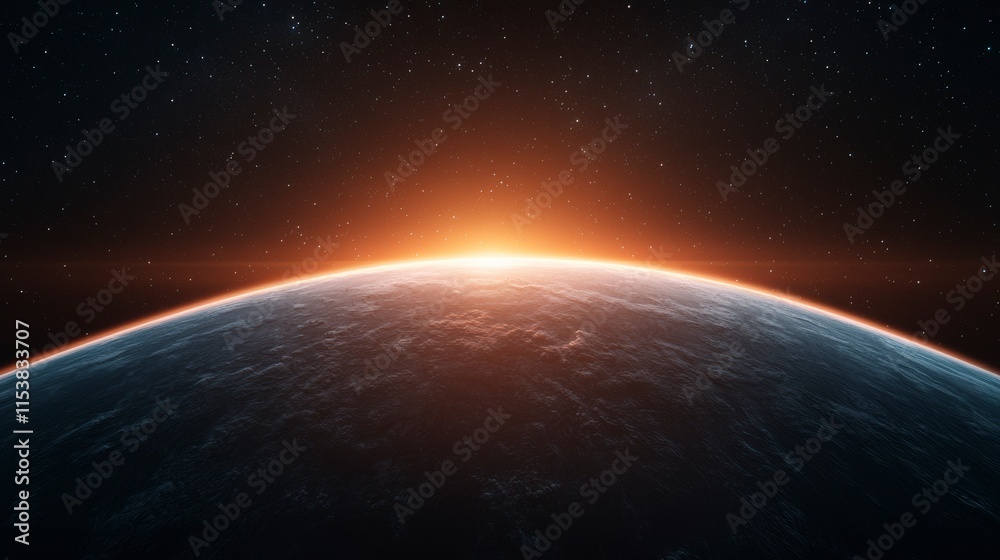 Obraz premium Stunning view of Earth's horizon at sunrise showcasing the vibrant colors of dawn peeking over the atmospheric curve in the vastness of space with twinkling stars