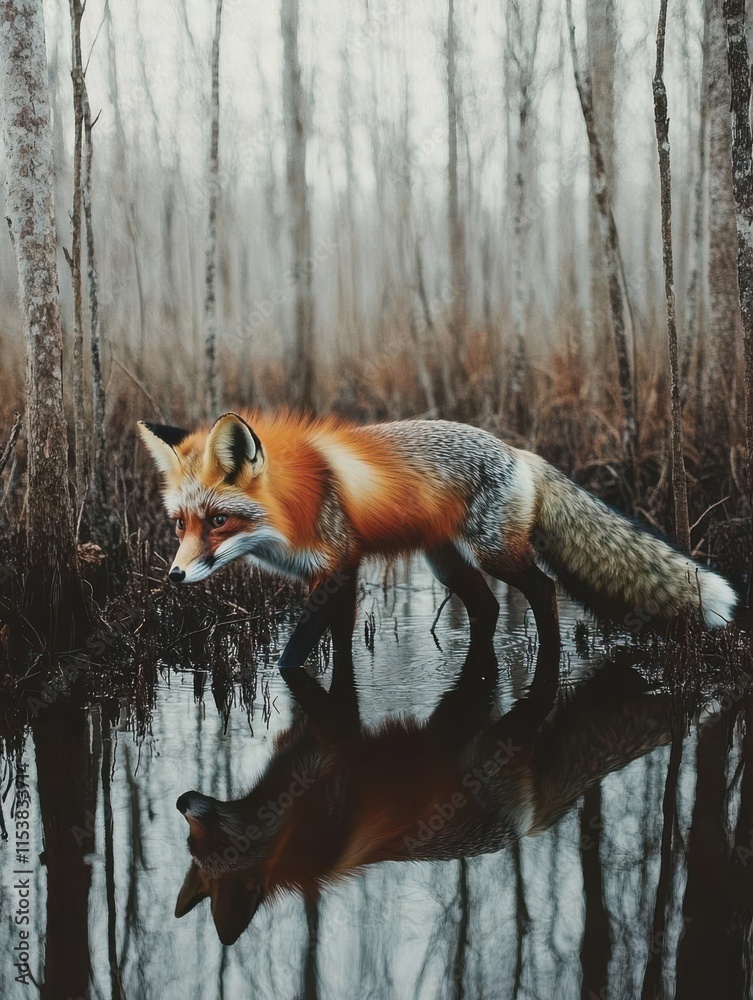 Fototapeta premium A red fox walking through a wetland, reflecting in the water, surrounded by trees.