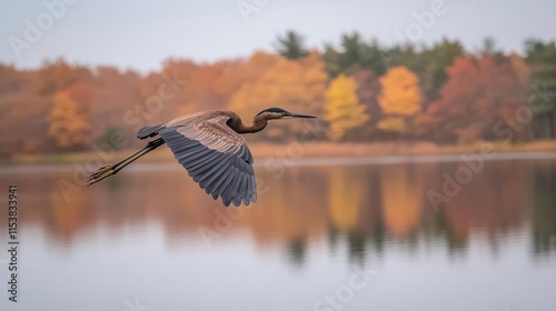 A heron gracefully flies over a serene lake, surrounded by vibrant autumn foliage.