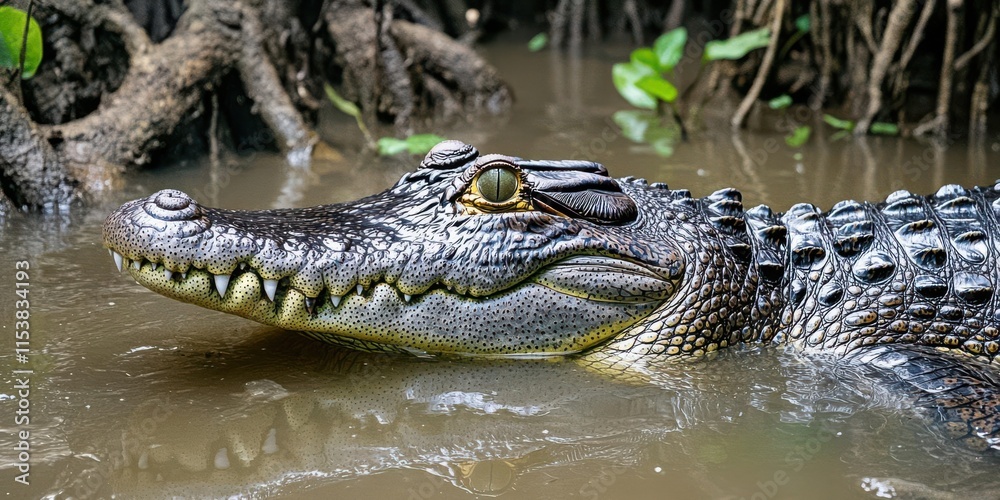 A close-up of a crocodile partially submerged in murky water among mangroves. A close-up of a crocodile partially submerged in murky water among mangroves.