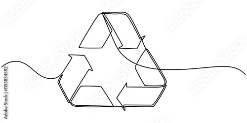 Continuous one line drawing recycling symbol. Recycling linear icon. Ecology concept. Vector illustration. Linear recycling arrows, Recycle sign - one line continuous drawing style. Recycling icon.