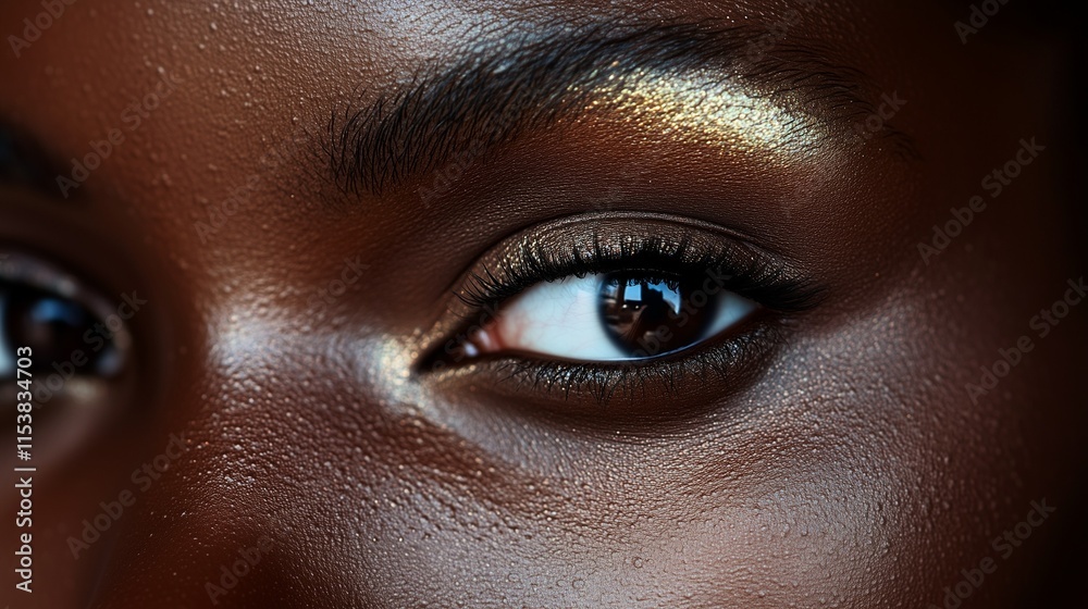 Close up of a black female model's eye with shiny hightlight make up. Beauty, fashion, make up concept.