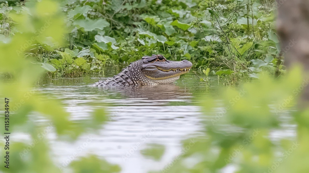 A crocodile partially submerged in water among lush greenery. A crocodile partially submerged in water among lush greenery.