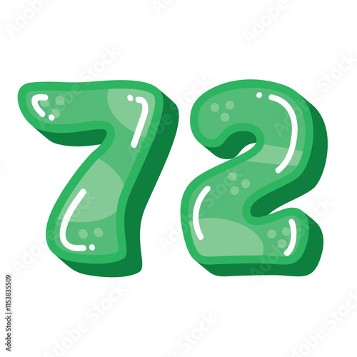 Cute funny number 72 seventy two vector illustration, green number 72 clip art image in cartoon style