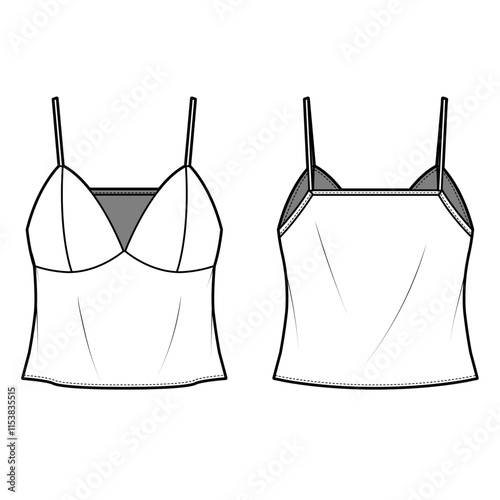 Technical flat sketch of strappy cami top. Deep v-neck sleepwear blouse with shoulder strap. Vertical bust dart. 