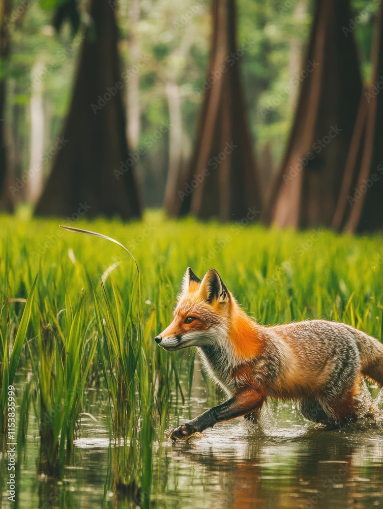 Obraz premium A fox wades through shallow water in a lush green landscape surrounded by trees.