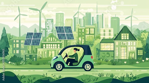 person driving an electric vehicle through a green city, with wind turbines and solar panels in the background, promoting clean transportation to reduce carbon footprint. [environment]:[Reduce  photo