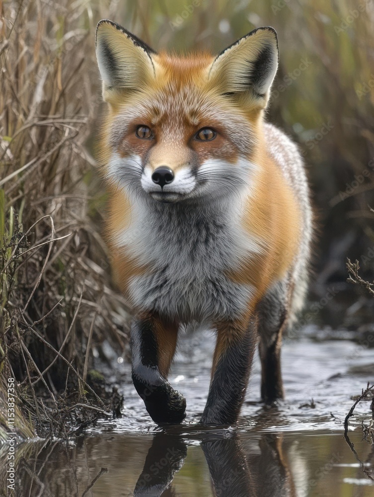 Obraz premium A red fox walking through shallow water in a natural setting.