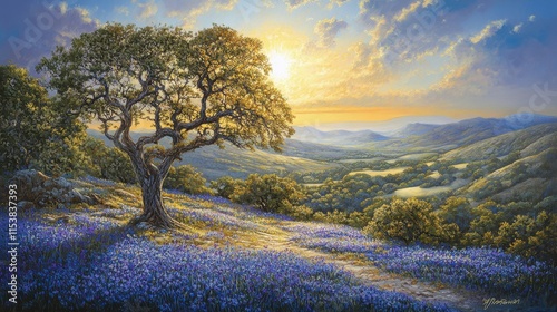 Majestic oak tree on hillside at sunset, overlooking vast valley with wildflowers. photo