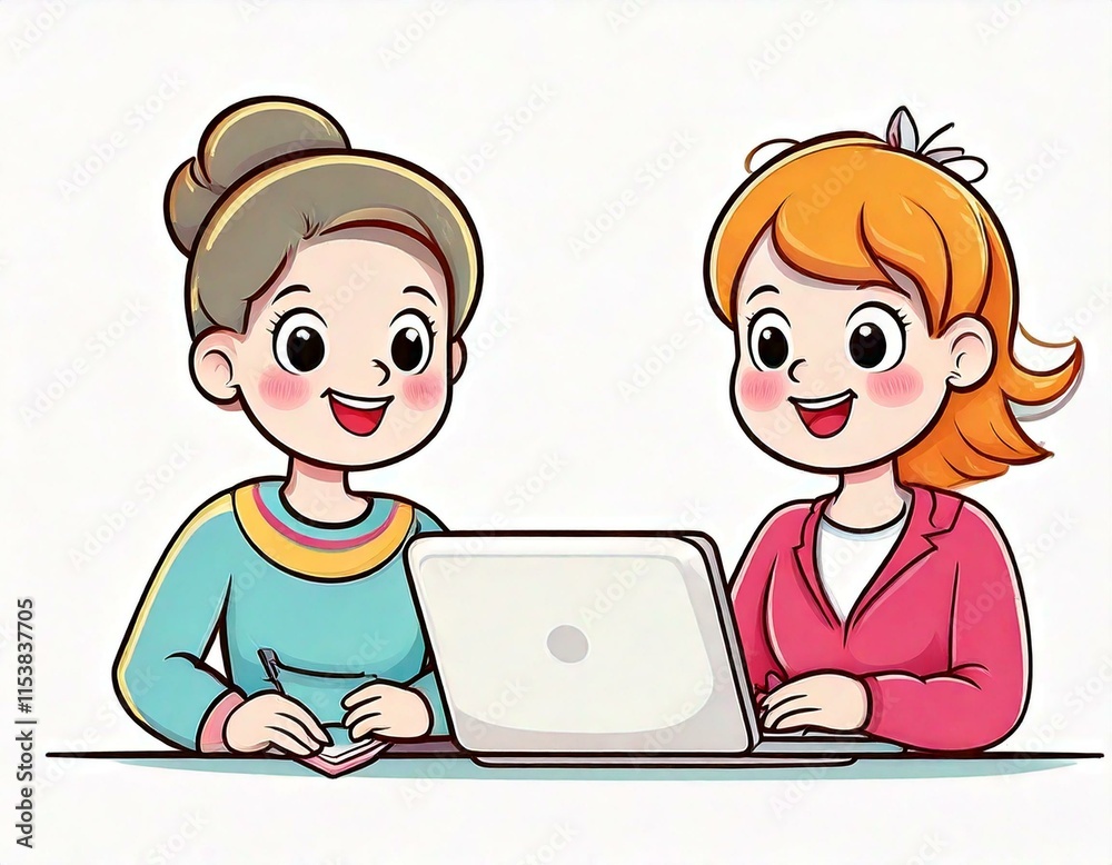 A cute cartoon drawing of two girls working together on a laptop A cute cartoon drawing of two girls working together on a laptop