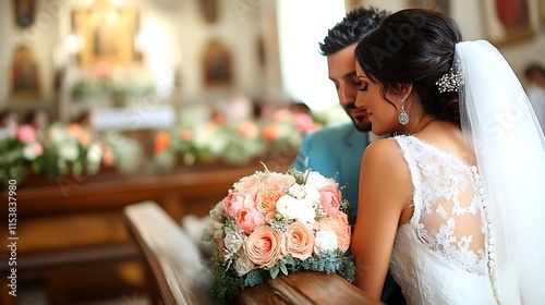 Bride and groom embracing in church after wedding ceremony.