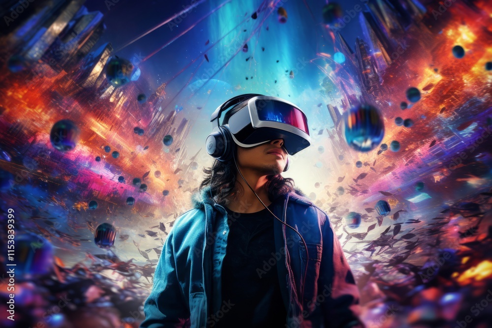 Man wearing vr headset exploring metaverse city: immersive digital world Man wearing vr headset exploring metaverse city: immersive digital world