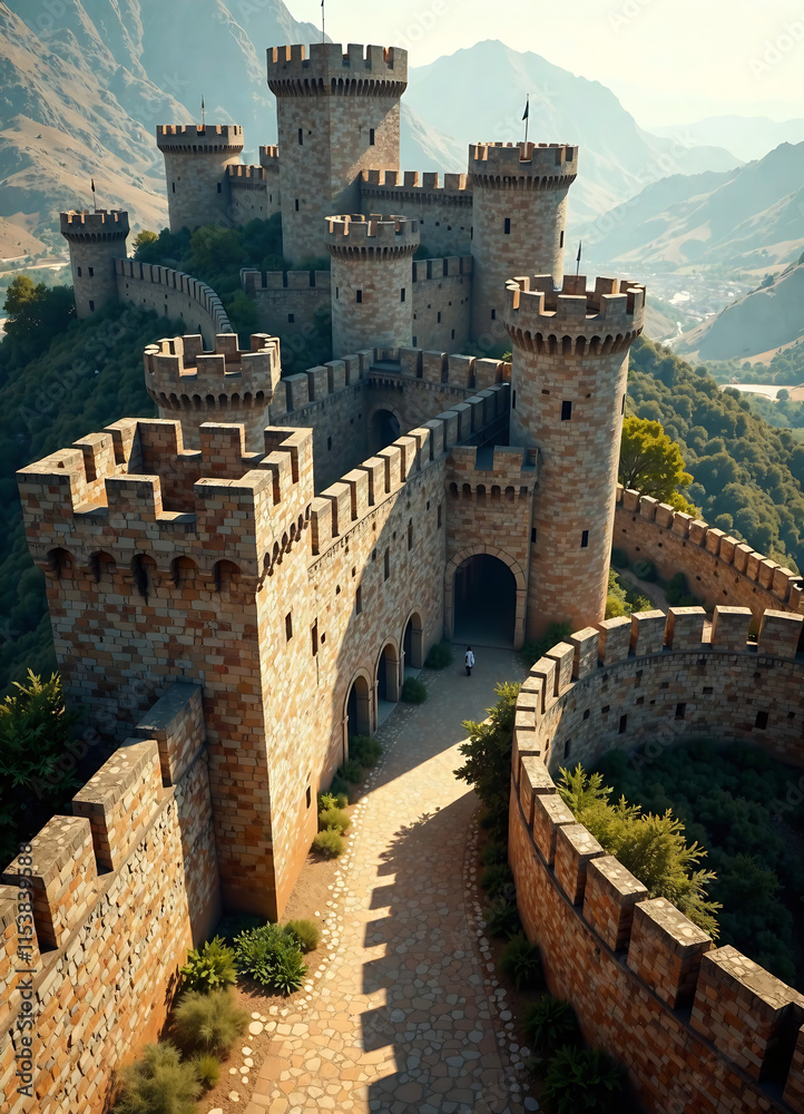 Obraz premium Maze-like fortress walls with tall towers harsh midday sun casting few shadows new image