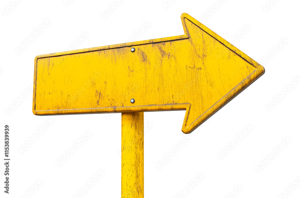 blank yellow rustic metal signpost guide board, old weathered arrow shaped signboard, cutout png