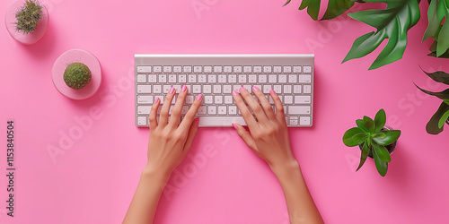 Creative workspace action hands typing on a keyboard pink background digital content creation modern environment top-down view productivity concept photo