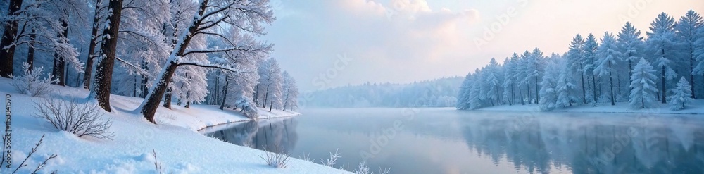Frosty forest landscape with snow-covered trees and frozen lake, snowy, trees, winter Frosty forest landscape with snow-covered trees and frozen lake, snowy, trees, winter