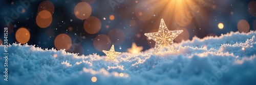 Frosty snow covered with twinkling golden star-shaped lights, shimmering, sparkly, glowing