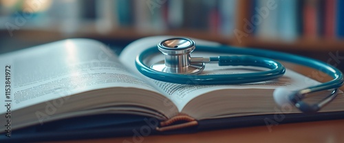 A stethoscope rests on an open medical textbook, symbolizing healthcare education.