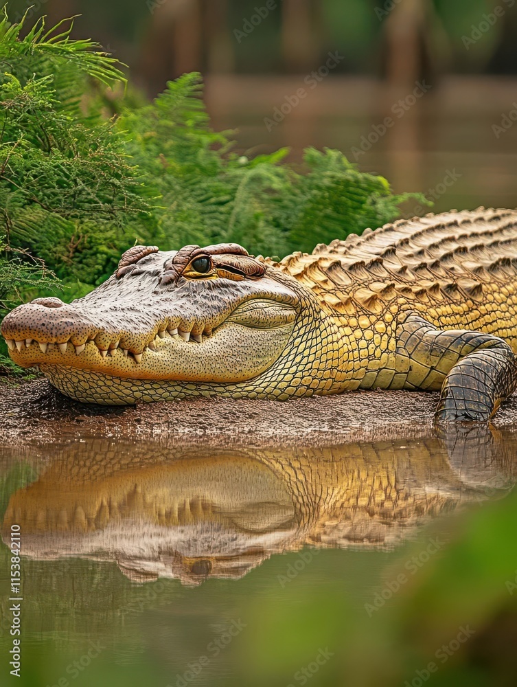 Obraz premium A crocodile resting near water, showcasing its textured skin and reflection in the calm surface.