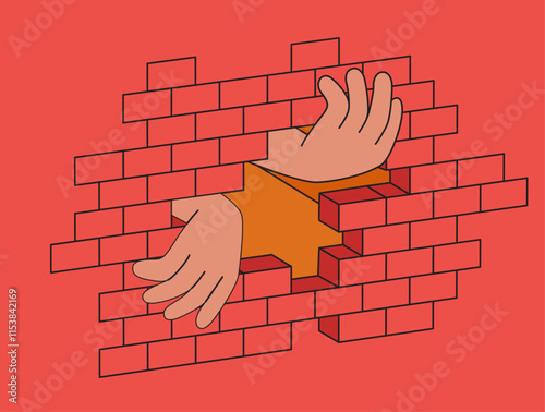 Hand breaking red brick wall  Representation of Breaking Through Barriers with Hands Emerging from a Wall Cartoon Vector Hand drawn